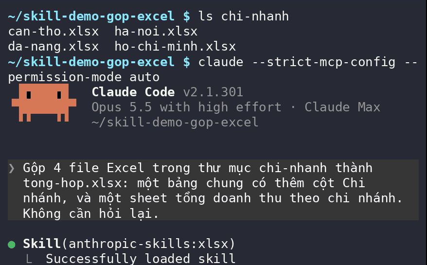 Real Claude Code session: ls shows four branch Excel files, then the merge prompt, and Claude loading the xlsx skill on its own