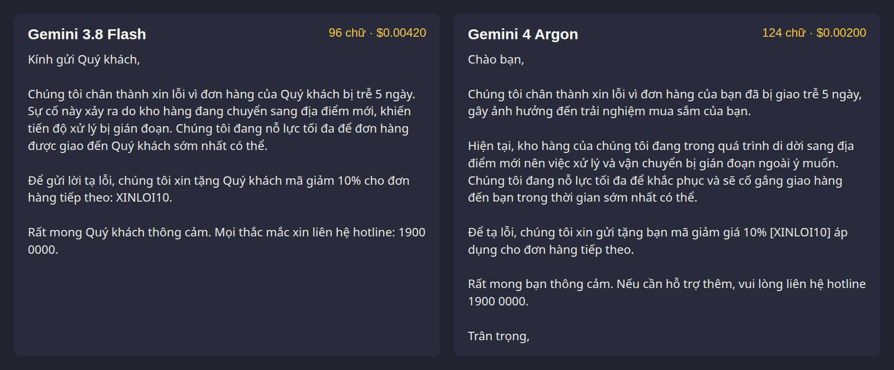 The two customer emails side by side: Gemini 3.8 Flash at 96 words, Gemini 4 Argon at 124 words, over the 120-word limit