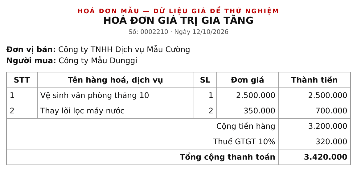 Sample invoice 0002210: goods subtotal 3,200,000, VAT 10% 320,000, total payable printed as 3,420,000
