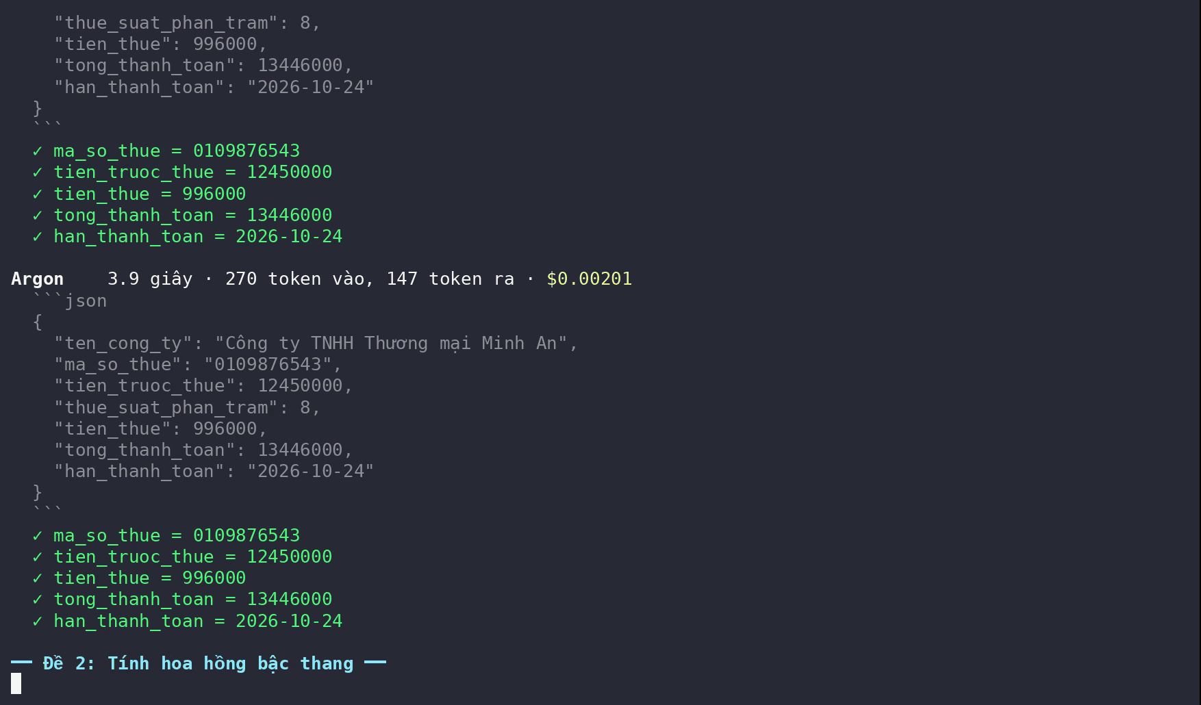 Terminal output: invoice JSON returned by Gemini 4 Argon in 3.9 seconds with 147 output tokens, all 5 fields graded correct