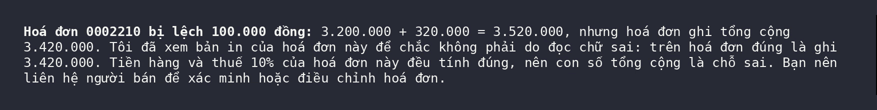 Claude's real conclusion: invoice 0002210 is off by 100,000; it checked the rendered page to rule out a misread; goods and VAT are correct, so the printed total is the error