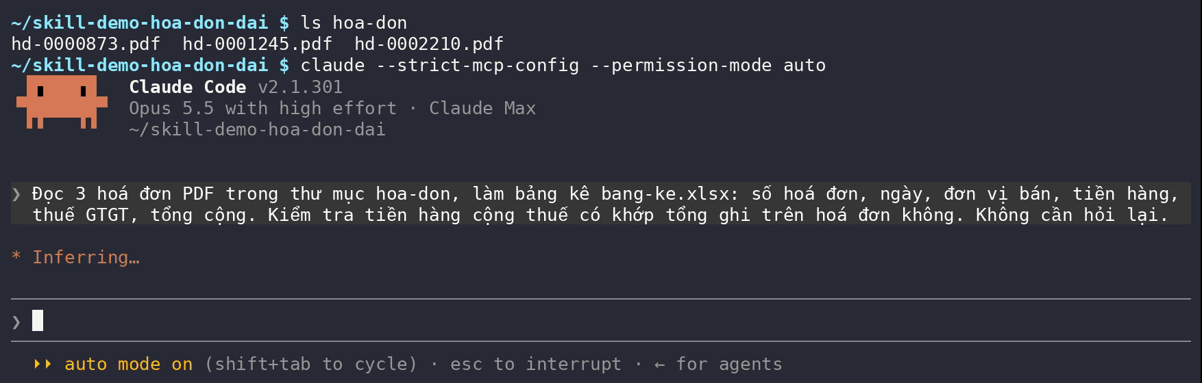Real Claude Code session: ls lists three invoice PDFs, then the prompt asking for the register and the total check