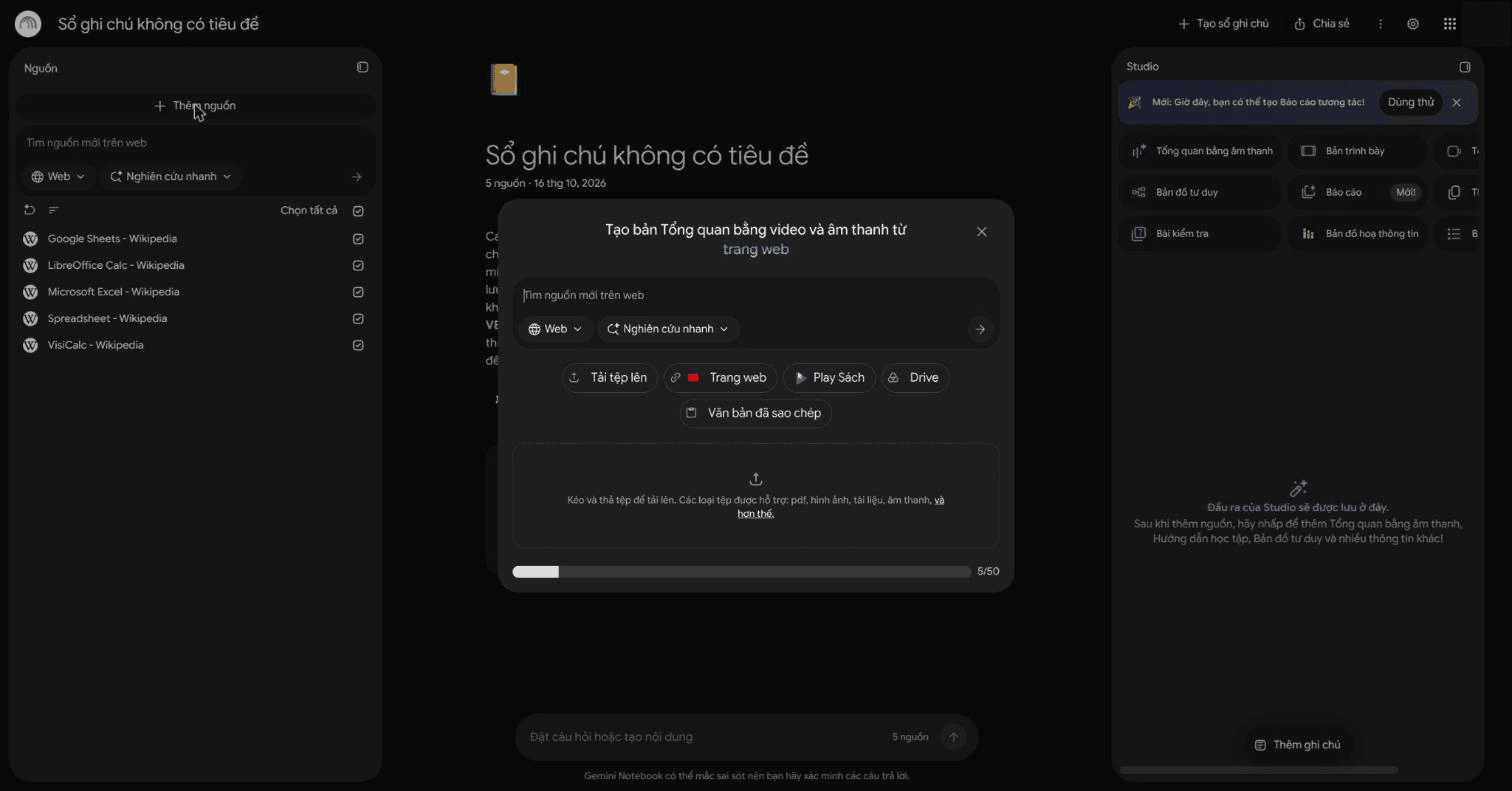 Gemini Notebook's add-source dialog with five Wikipedia sources added and a 5/50 counter at the bottom; Studio panel on the right with Audio Overview, Video Overview, Mind map, Reports and Quiz