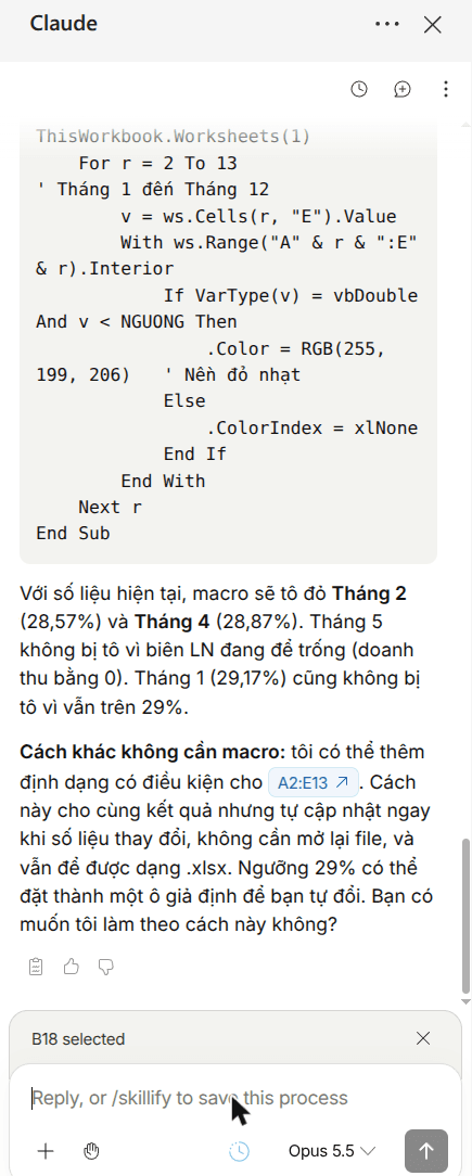 Claude's VBA answer: a Workbook_Open loop over rows 2 to 13 that colours rows with margin below the threshold, then a note that February and April would be highlighted, and an offer to use conditional formatting instead