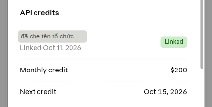API credits section in claude.ai Settings › Billing showing Linked status, a $200 monthly credit and the next credit date (organization name hidden)