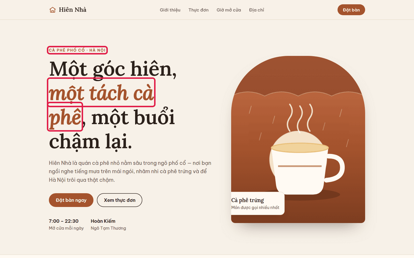 Run 1 café landing page made by Claude without the frontend-design skill; red boxes mark the italic terracotta headline phrase and the all-caps label joined with a middle dot