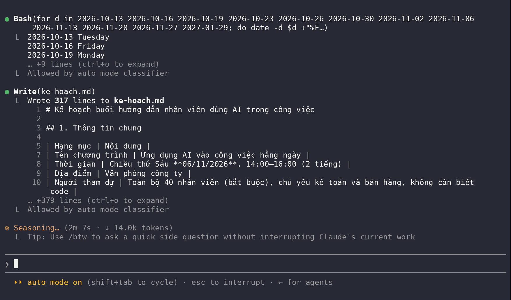 Claude writes 317 lines to ke-hoach.md after confirmation: Friday 6 Nov 2026 14:00–16:00, 40 staff, no coding needed