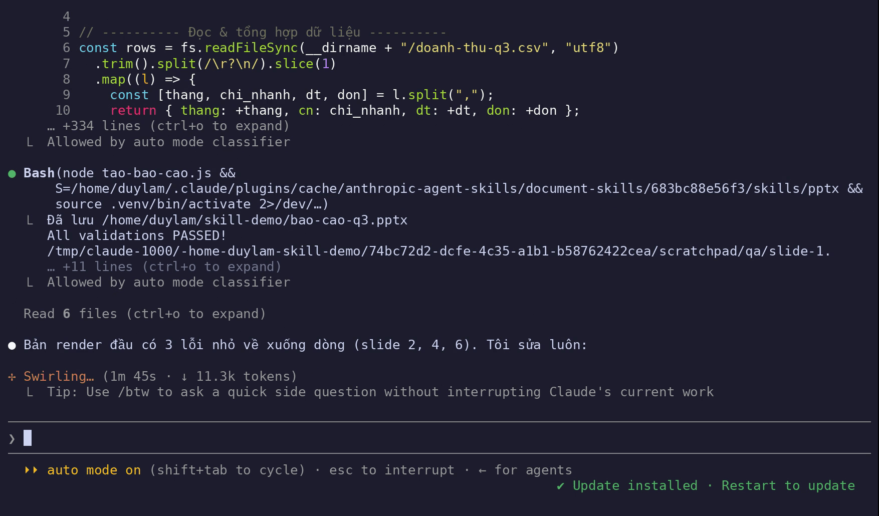Claude Code terminal: the pptx skill's validation passes, then Claude finds 3 line-wrap issues on slides 2, 4 and 6 and fixes them