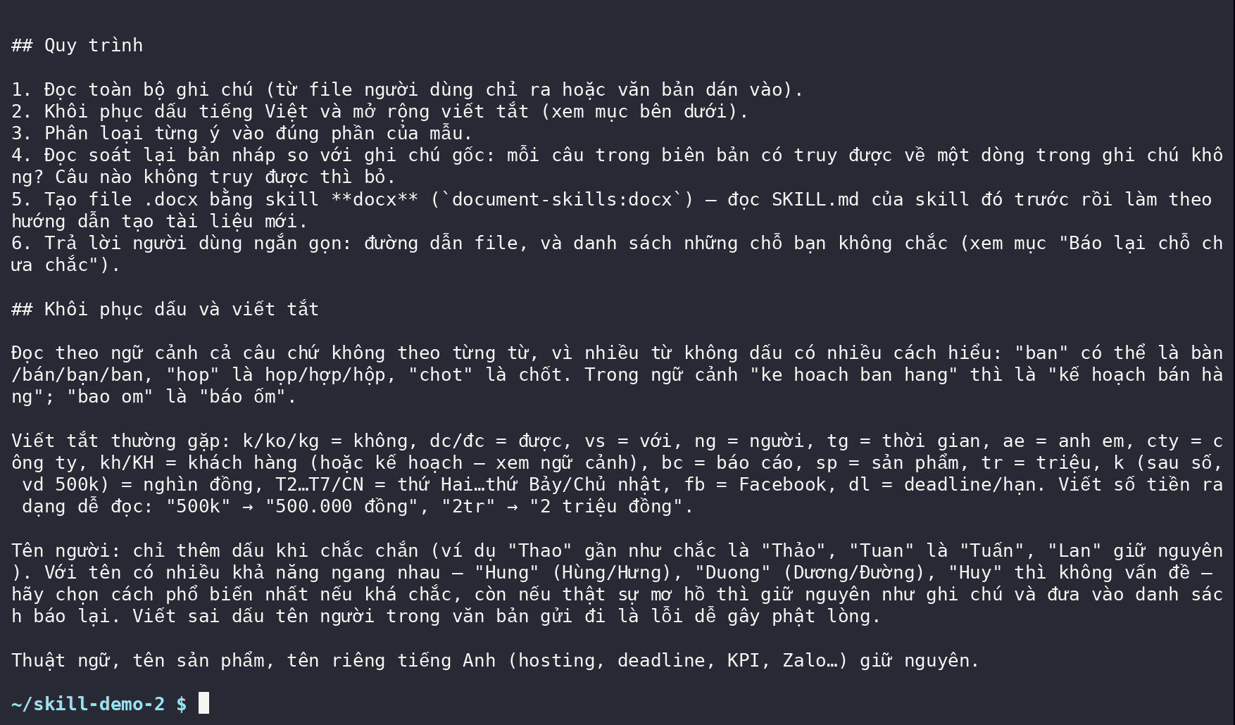 The process and diacritics-handling sections of the SKILL.md that skill-creator wrote for the bien-ban-hop skill