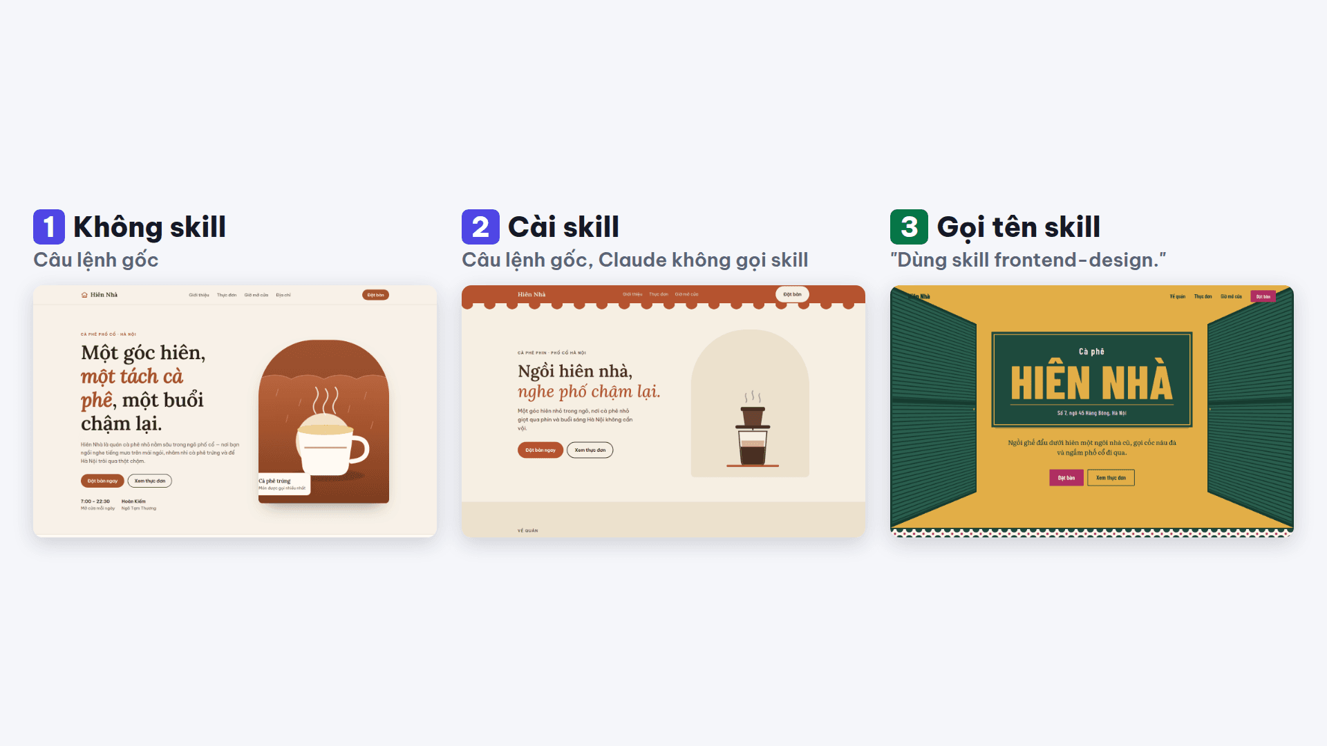 Three Claude landing pages side by side: no skill, skill installed with the same prompt, and the frontend-design skill named in the prompt