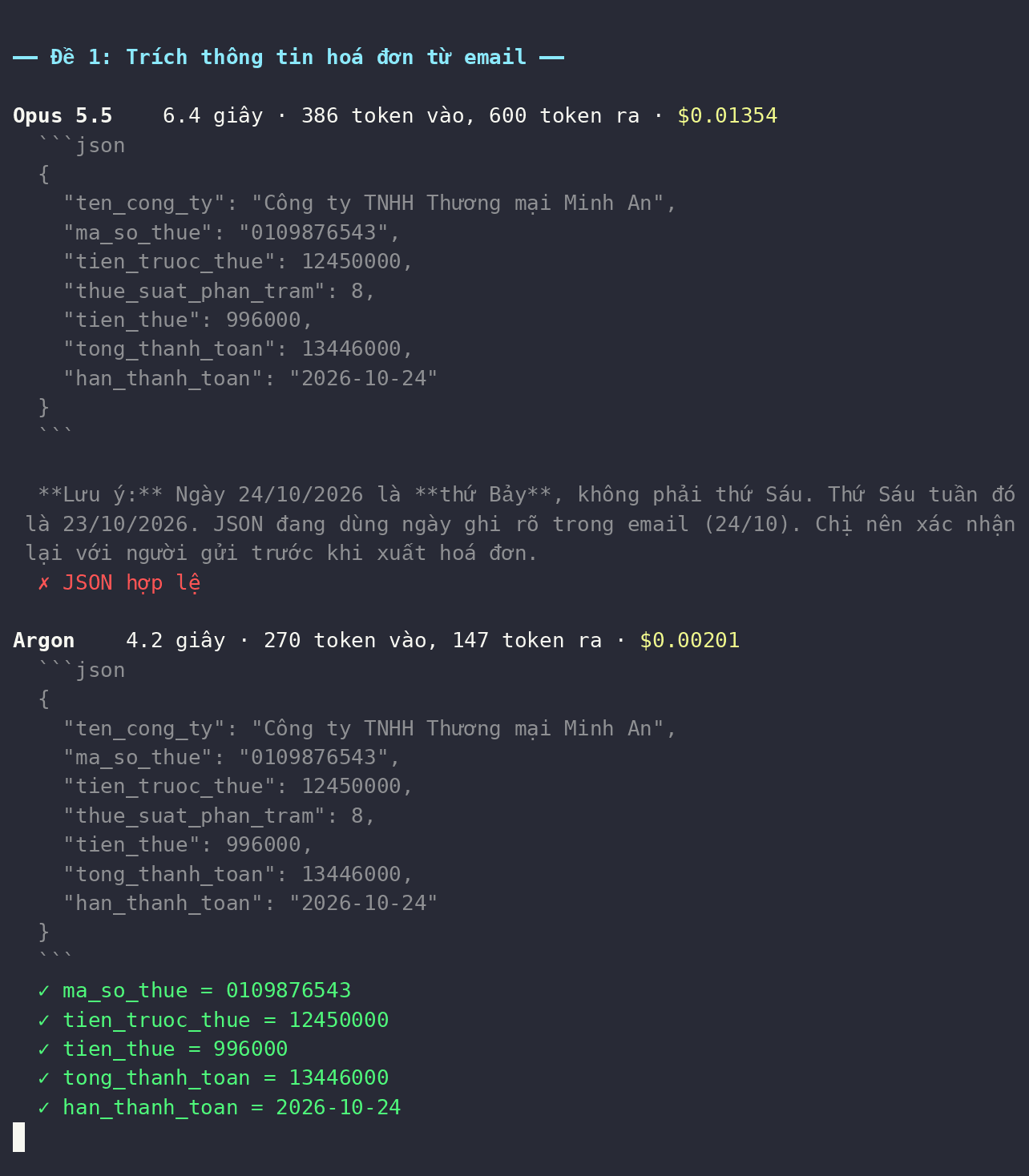 Real terminal run, task 1 (invoice to JSON): Opus 5.5's JSON is followed by a note that 24/10/2026 is a Saturday, not a Friday, and the grader marks it red for not valid JSON; Argon passes all five green checks
