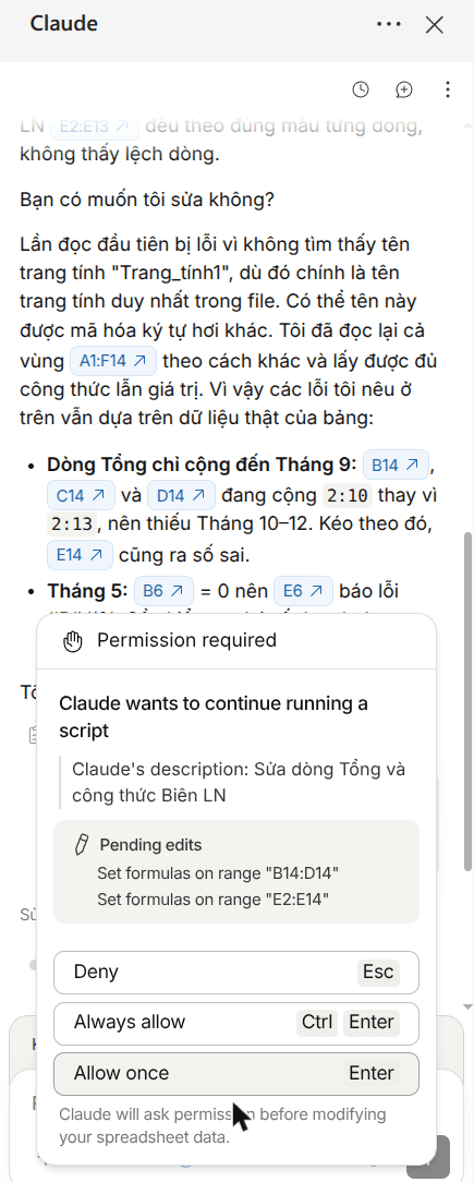 Permission required dialog: Claude wants to continue running a script, description "fix the Total row and the margin formula", pending edits on B14:D14 and E2:E14, buttons Deny, Always allow, Allow once