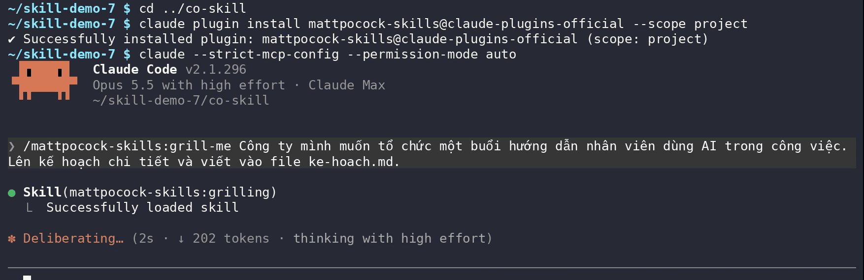 Terminal: installing the mattpocock-skills plugin, typing /mattpocock-skills:grill-me with the request, and Claude loading the grilling skill