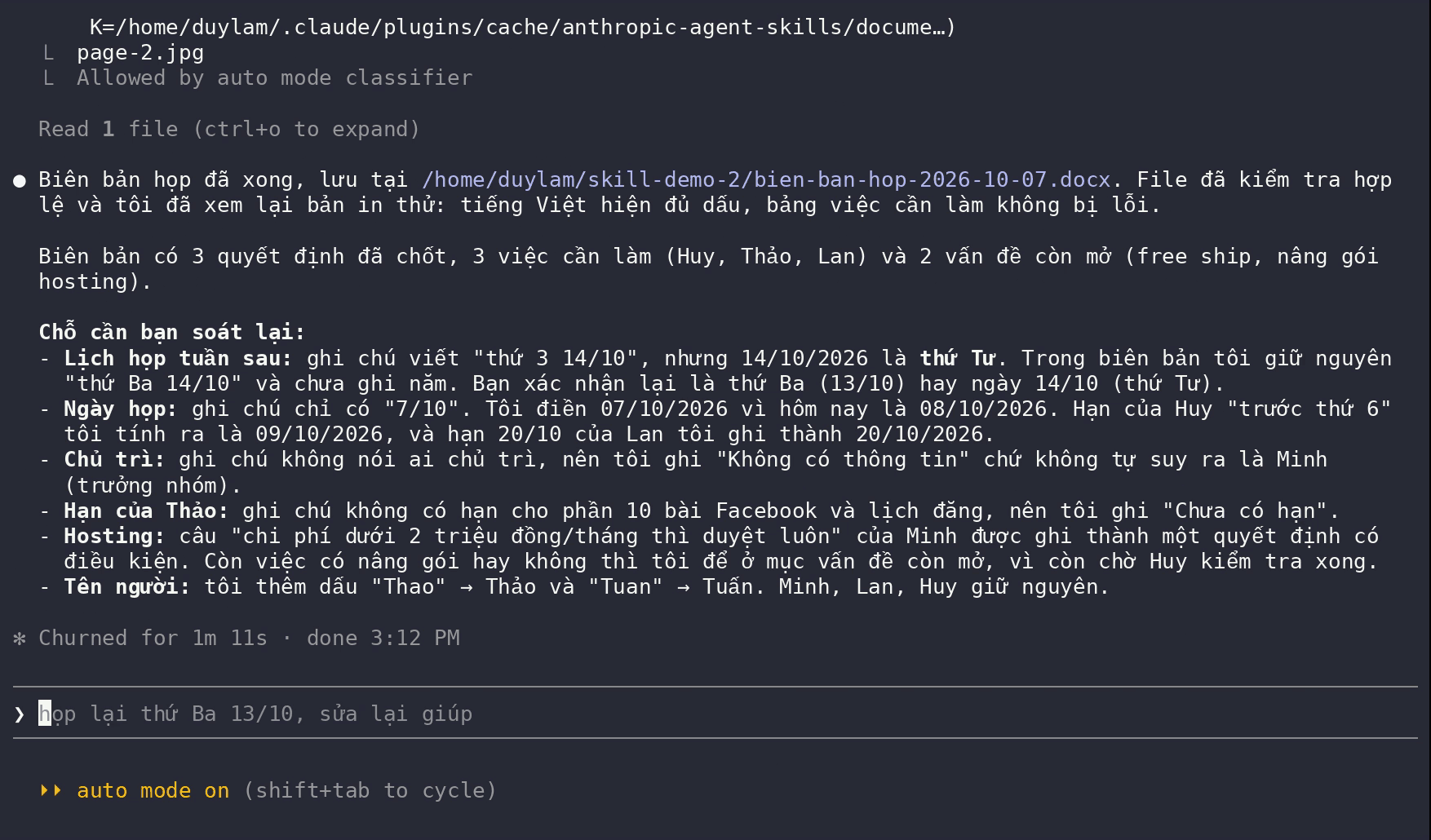 Claude Code terminal after the run: minutes done, with a list of points to double-check, such as 14/10 being a Wednesday