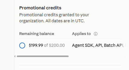 Promotional credits in Claude Console showing $199.99 of $200.00 left after one API call