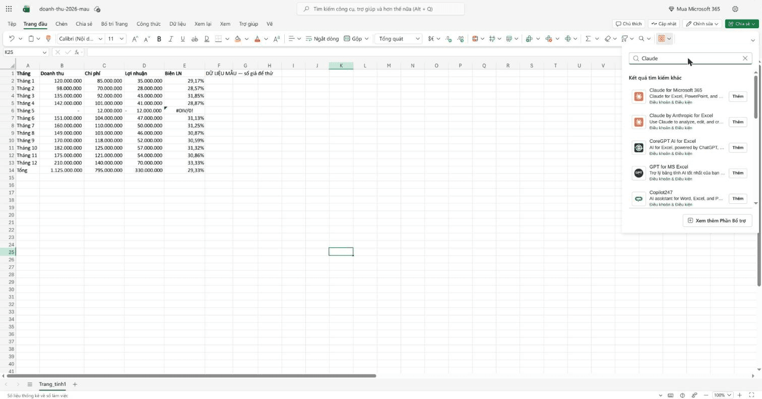 Excel for the web add-in search for "Claude": two results, Claude for Microsoft 365 and Claude by Anthropic for Excel, above third-party GPT add-ins; the sample sheet behind shows #DIV/0! and a total row